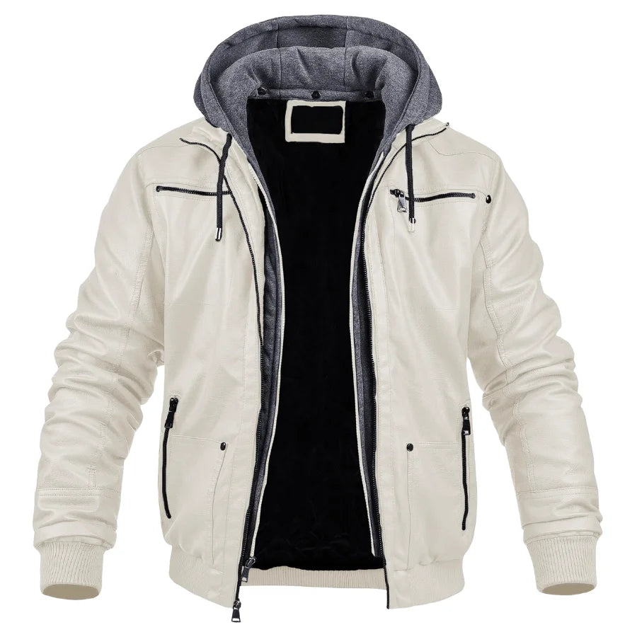 Dean White Hooded Leather Bomber Jacket Article 35