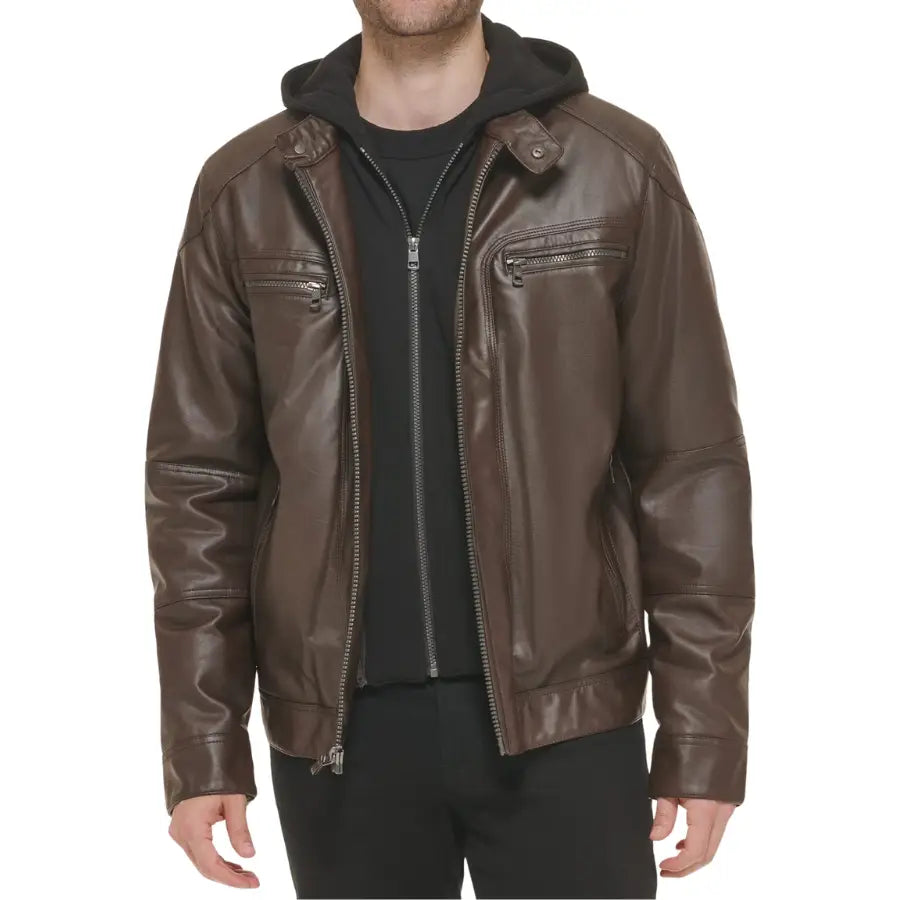 Liam Brown Hooded Leather Biker Jacket Article 34