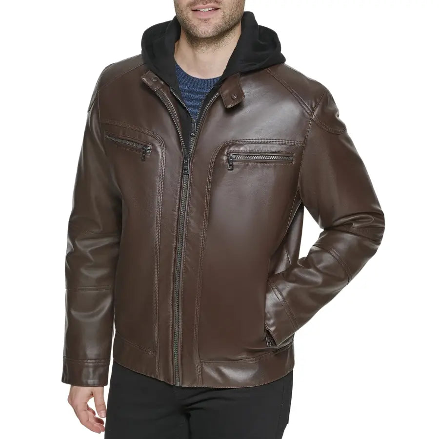 Liam Brown Hooded Leather Biker Jacket Article 34