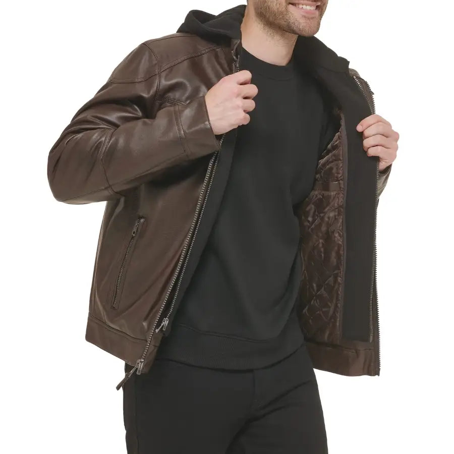Liam Brown Hooded Leather Biker Jacket Article 34